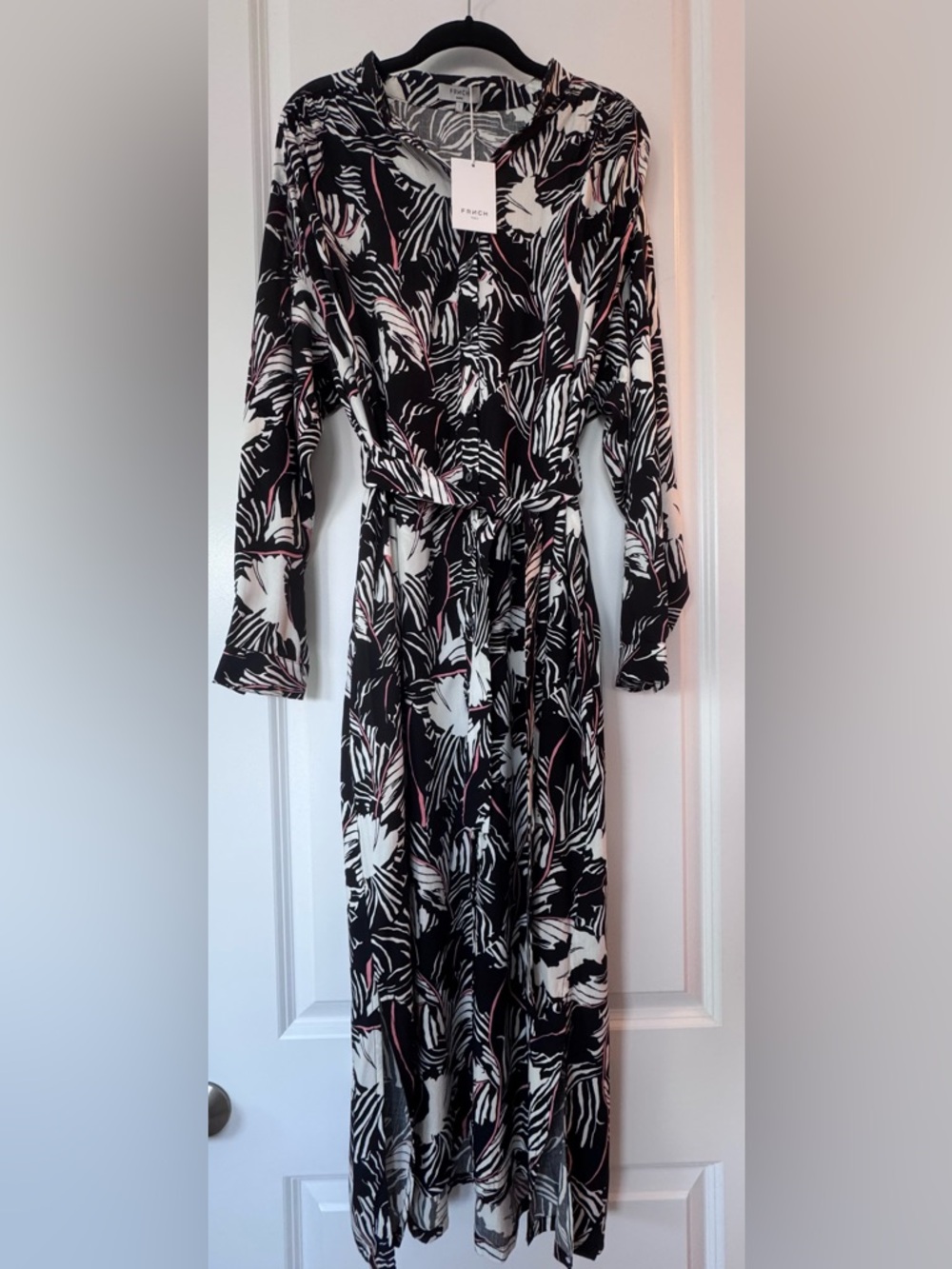 FRNCH Black White and Pink Long-Sleeve Belted Maxi Dress